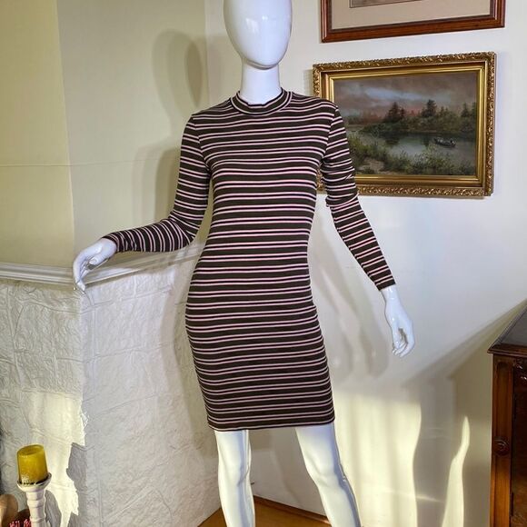 American Apparel Striped Ribbed Mock Turtleneck Long Sleeve Mini Dress - Picture 3 of 11